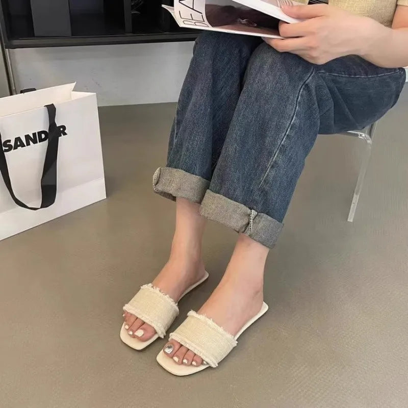 Women's Slippers Solid Color Open-toe Set Foot Vacation Beach Flat Sandals Casual Flip Flops Summer Indoor Women Slides Shoes Zpaxo