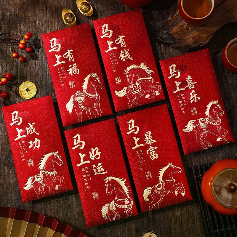 6PCS 2026 Year Of The Horse Red Envelopes Chinese New Year Red Packet Lucky Money Bag Gift Envelopes Red Packet Zpaxo