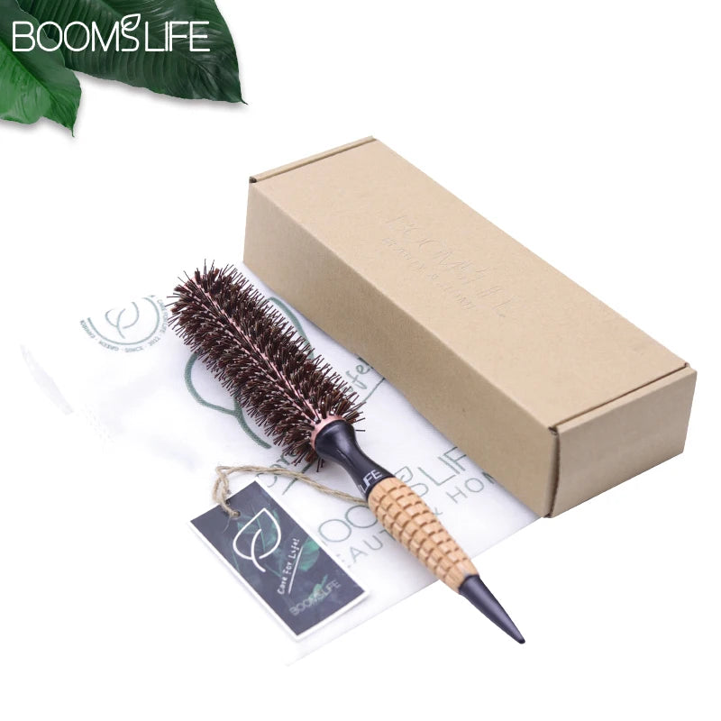 Boar Bristles Hair Brush Women Round Barrel Blowing Curling Styling Hair Comb Anti Static Roll Hairbrush Profissional Wood Combs Zpaxo