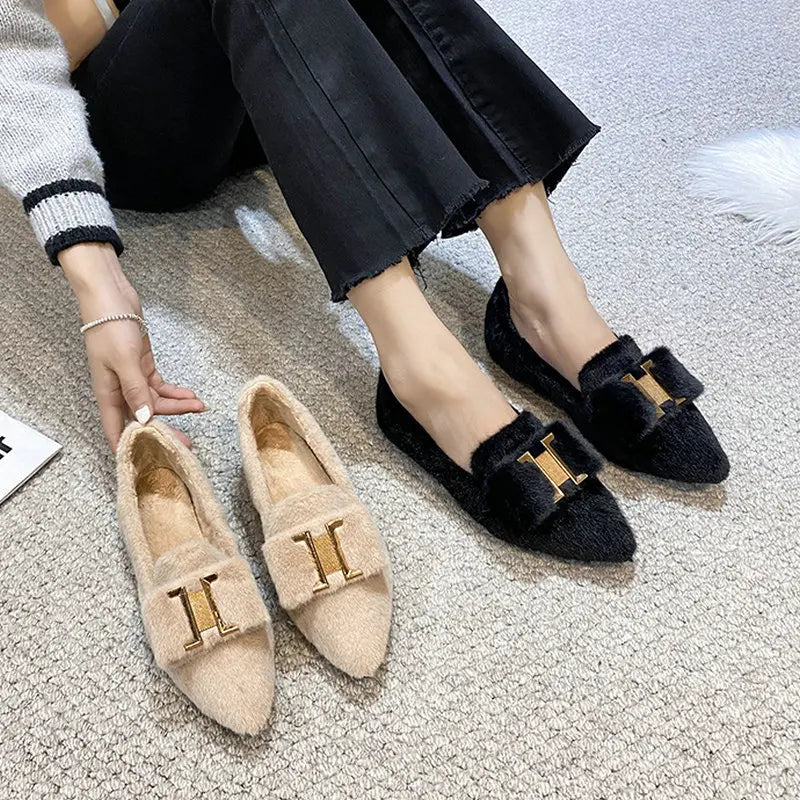 Flats Shoes for Women 2024 New Autumn Pointed Flat Mink Fur Winter Velvet Women's Loafers Ladies Shoes super big size 41 42 43 Zpaxo