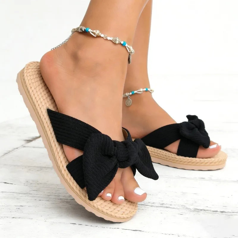 Women's Summer Round Toe Bow Decoration Comfortable Lightweight Flat Zpaxo