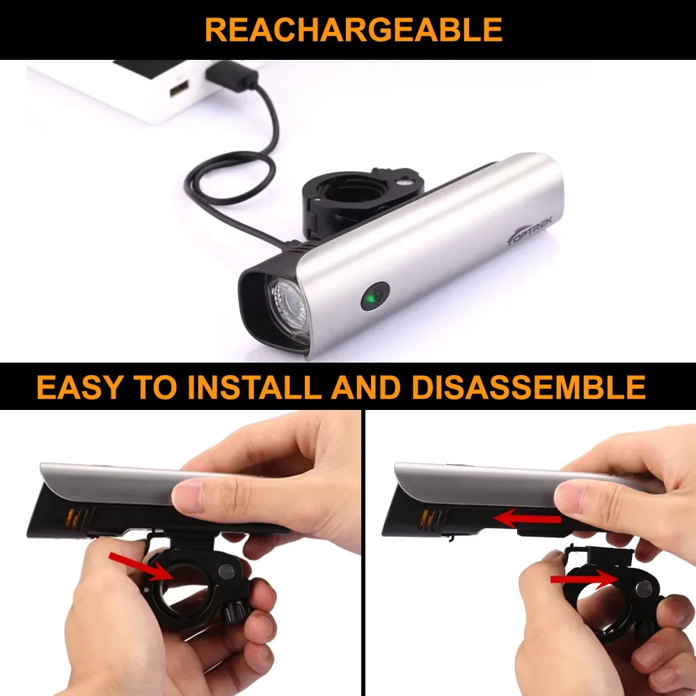 Toptrek Bicycle Light IPX5 Waterproof LED Bike Headlight Cycle Flashlight Handlebar USB Charging MTB Road Cycling Light Sets Zpaxo