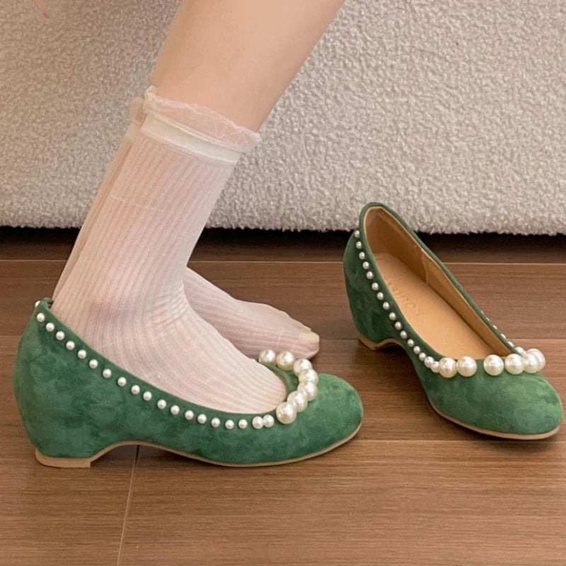 2026 Spring Autumn Vintage Solid Comfortable Pearl Embellishment Heel Zpaxo