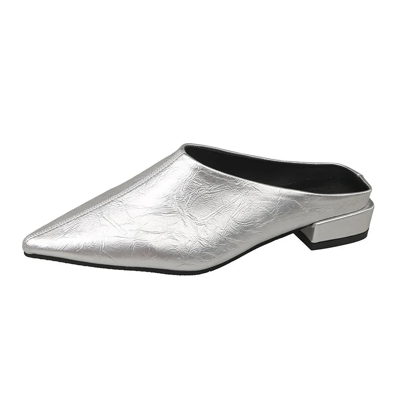 High Heels Simple Women's Baotou Half Slippers Pointed Summer Dress Slide Solid Color High Heels Black Shoes Zpaxo 37 Silver