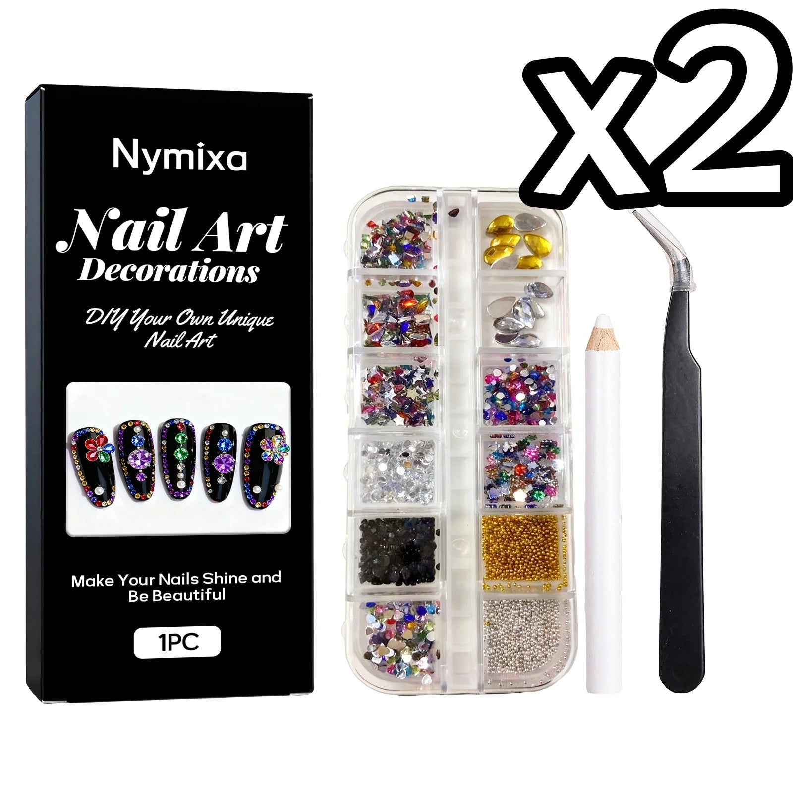 Nymixa 12-Grid Rhinestone & 12-Color DIY Nail Art Kit Nail Art Kit Zpaxo Art Rhinestone Setx2