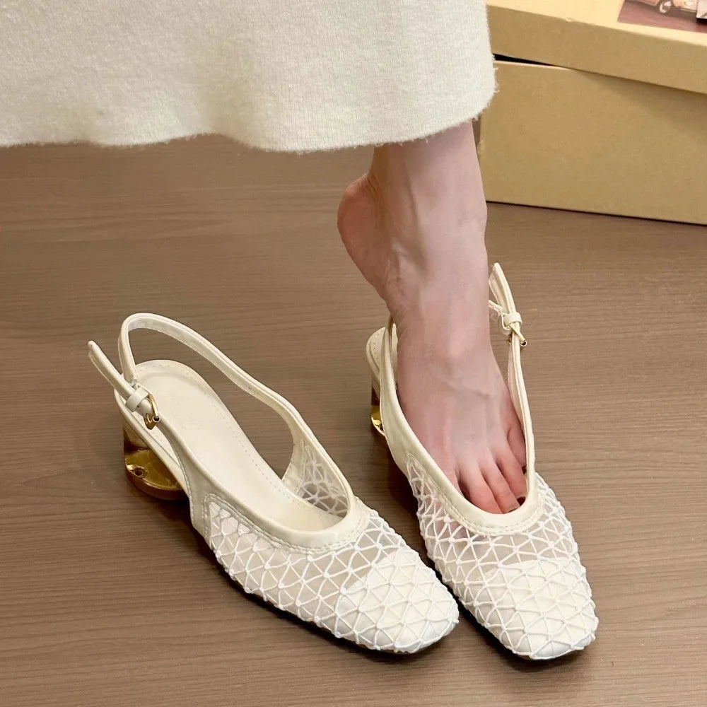 French Temperament Square Head Braided Bag Head Backspace Sandals Spring and Summer New Fashion Crystal Single Shoes Dark Brown Zpaxo WHITE 40