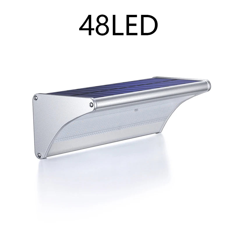 Solar Power Wall Lights Outdoor Garden Lighting Sun Power Lamp with Radar Sensor Street Aluminum 6000mAh Waterproof Shed Light Zpaxo 48LED-Silver Warm Lighting China Mainland