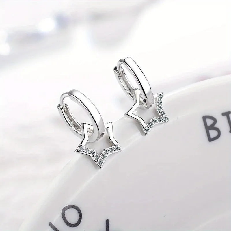 Real 925 Sterling Silver Hollow Star Hoop Earrings Small Creole Women