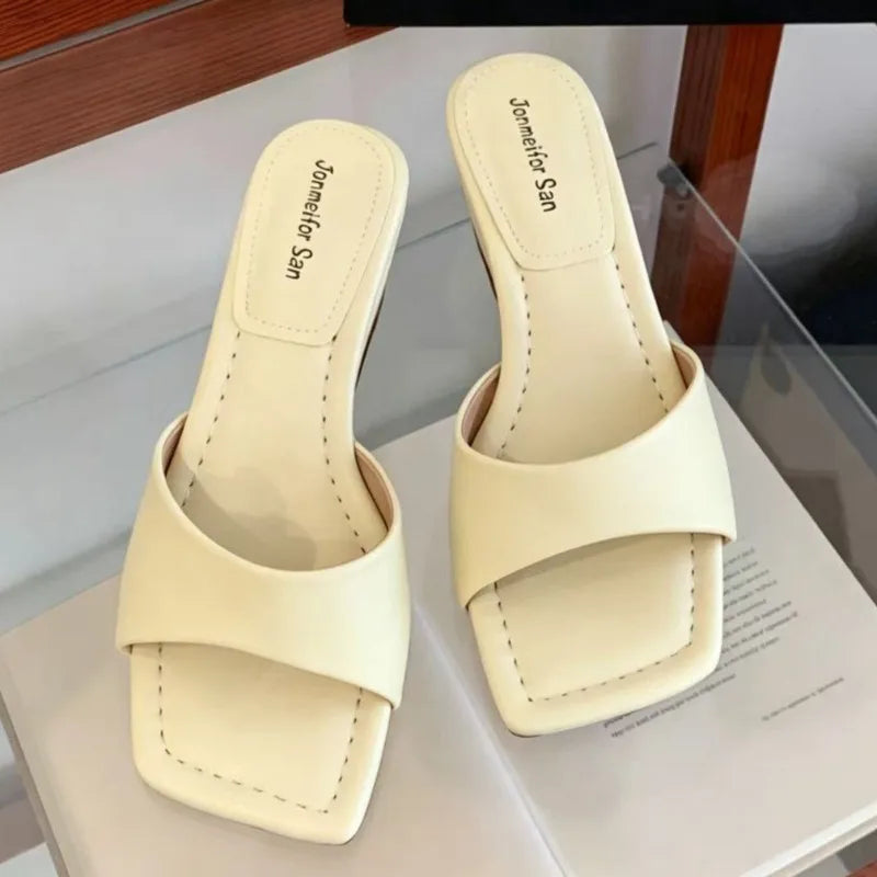 Women's Comfortable Square Open Toe Solid Elegant Wedge Heel Slippers Zpaxo