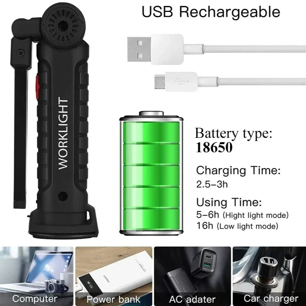USB Rechargeable COB LED Flashlight – Magnetic, 5 Modes, Waterproof