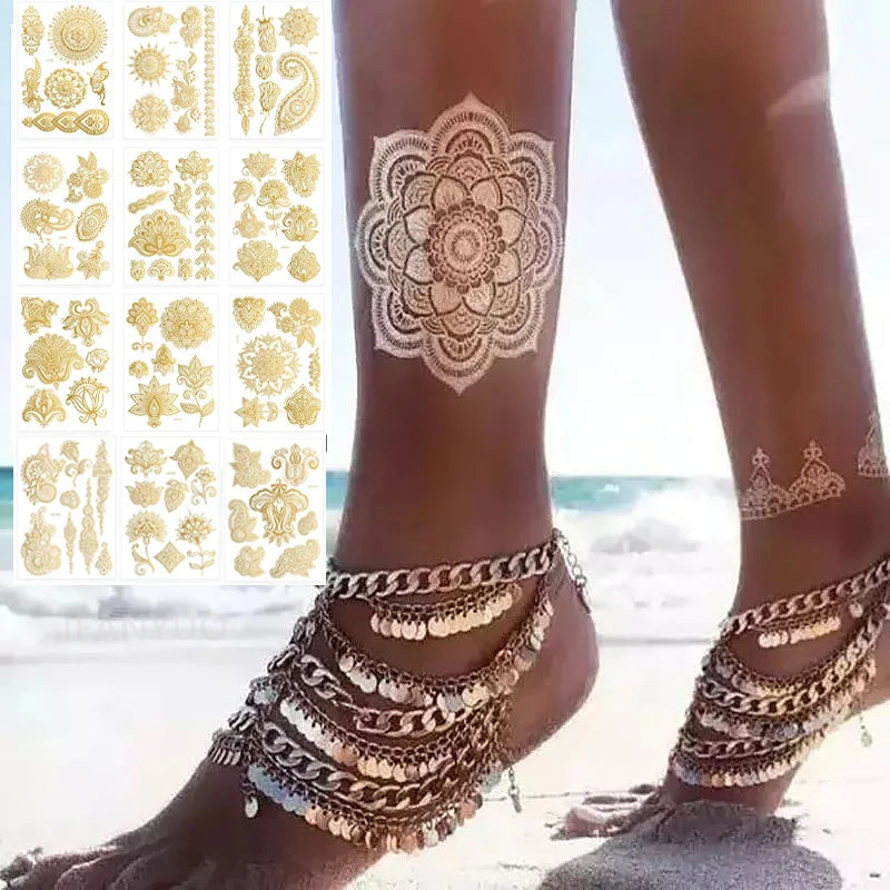 Waterproof Temporary Tattoo Sticker Flower Mandala Henna Rose Gold