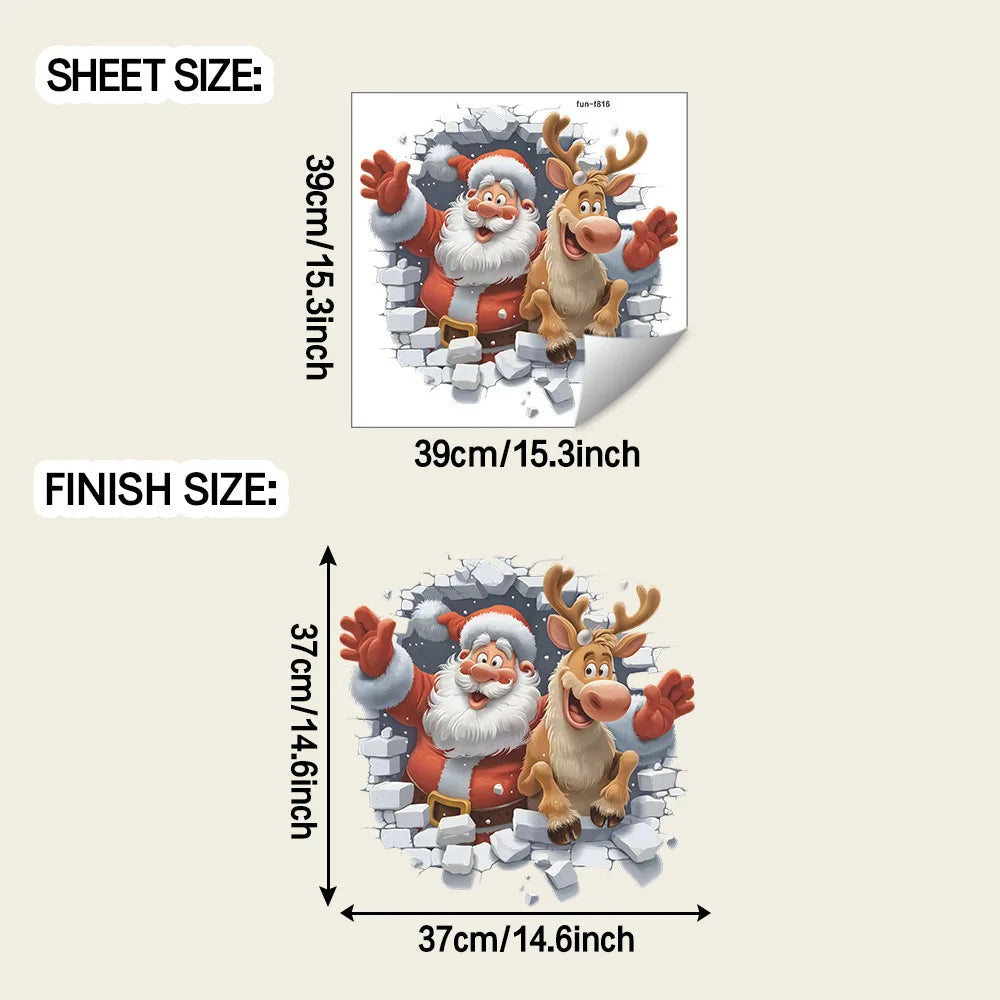 3D Santa & Reindeer Christmas Wall Stickers – Removable PVC