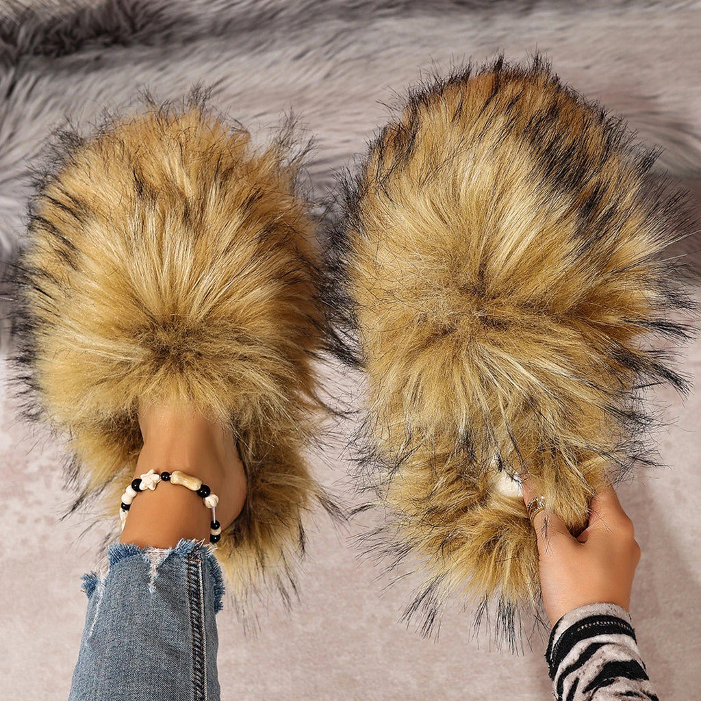 Winter Luxury Outdoor Anti Slip Slippers Women Soft Flat Bottom Slides Women Fashion Fur Slippers Fluffy Cute Plush Women Shoes Zpaxo