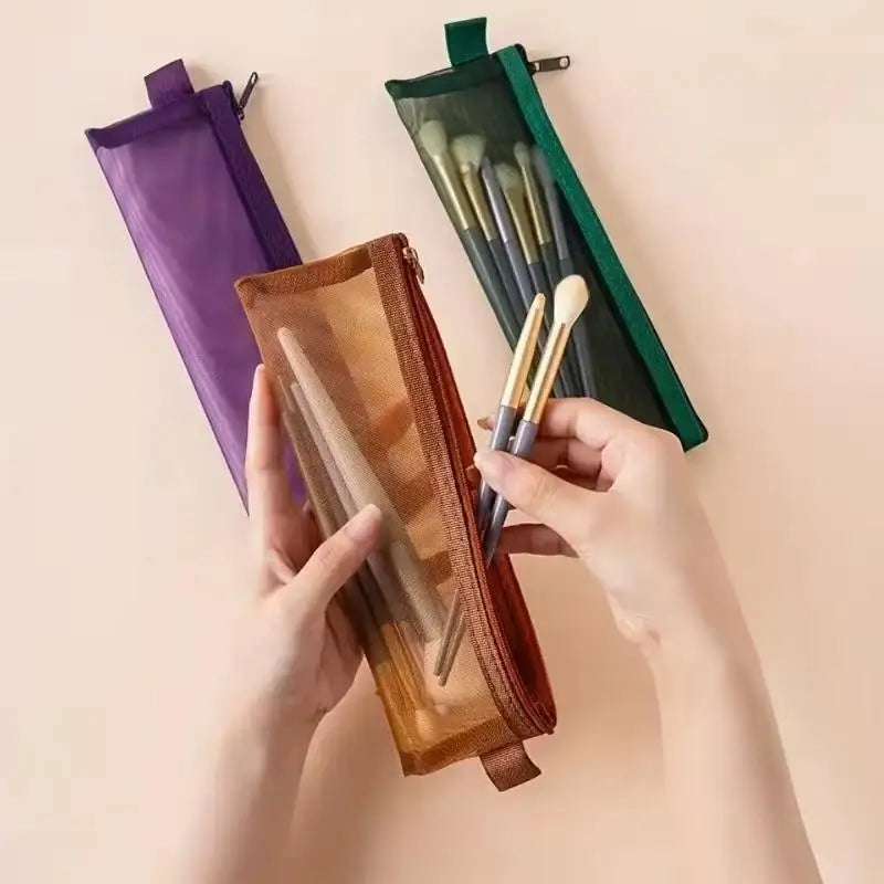 3pcs Nylon Makeup Brush Bags – Transparent Mesh, Large Capacity for Lipsticks, Eyebrow Pencils & Brushes Zpaxo