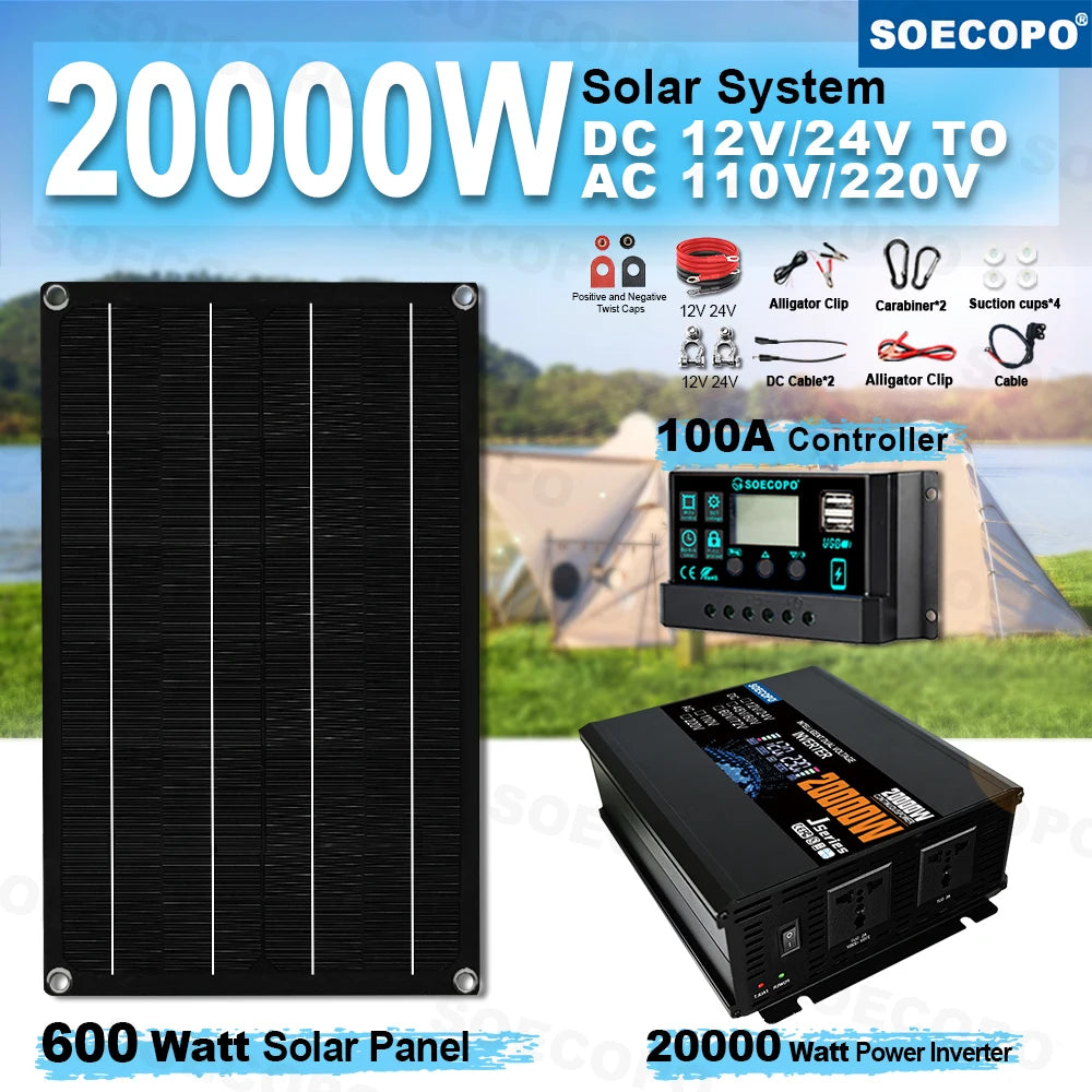 SOECOPO 20000W Inverter(2 sockets) Complete Solar System Set 600W Solar Panel 100A Controller for Home Camping Emergency Use Zpaxo