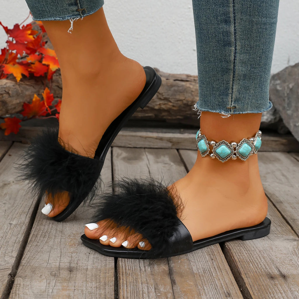 2026 Peep Toe Women Slippers Fur Fashion Wedding Slip-on Shoes Square