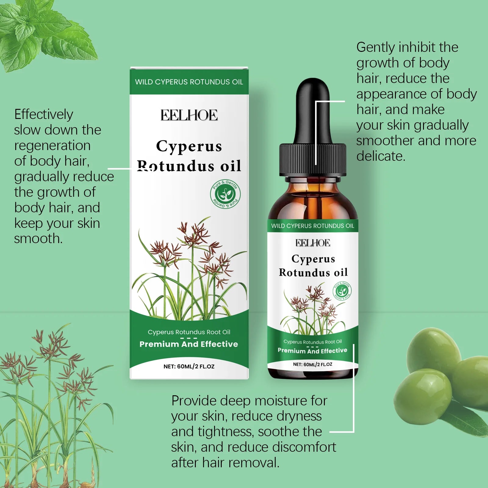 Eelhoe Cyperus Rotundus Hair Inhibitor Oil 60ml | Body Hair Serum Hair Inhibitor Serum Zpaxo