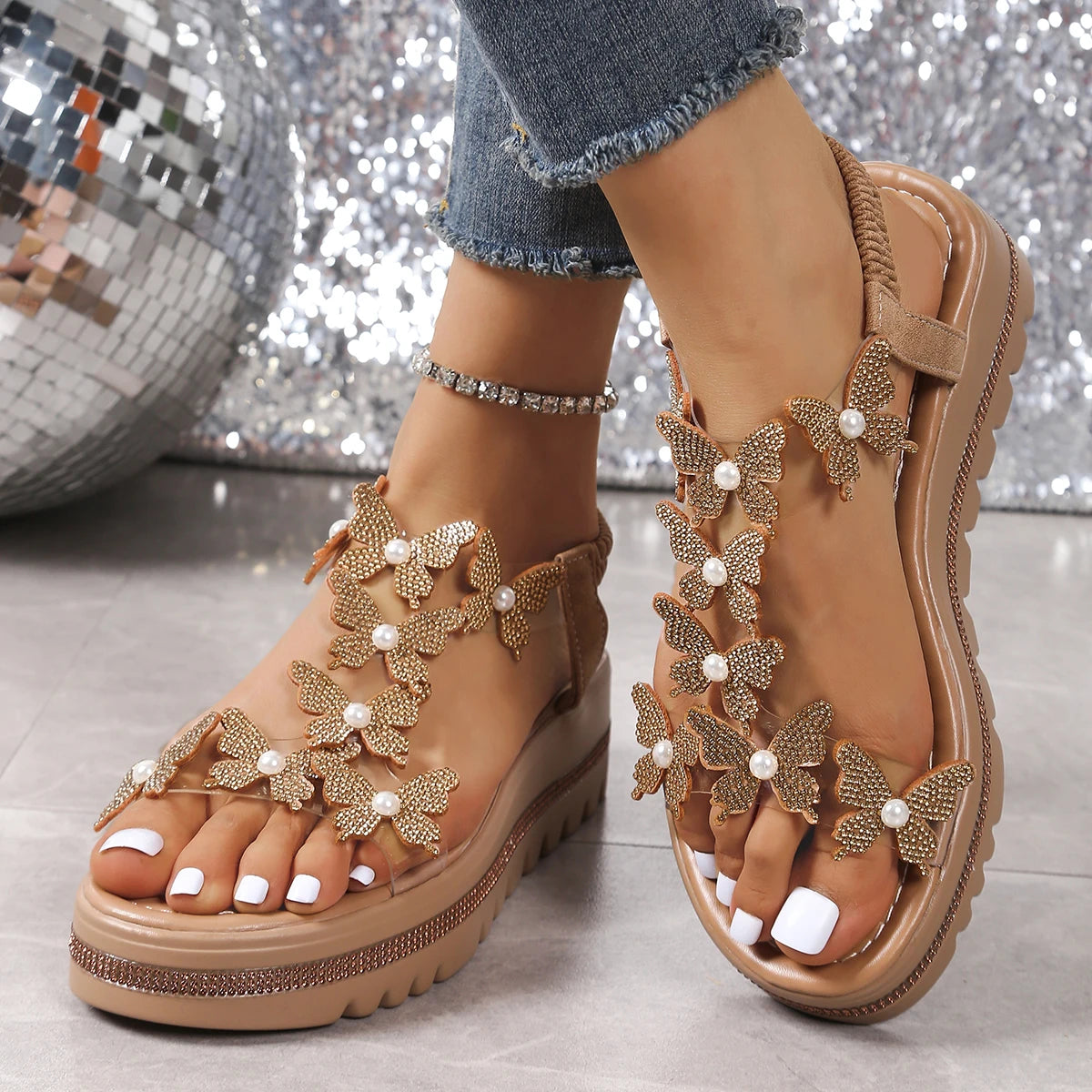 2025 Women Heel Wedge Sandals Butterfly Decoration Rhinestones Shoes Zpaxo