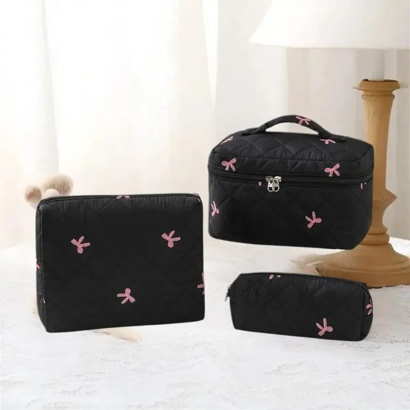 1 Black Women Portable Makeup Bag Large Capacity Bow Quilting Zpaxo