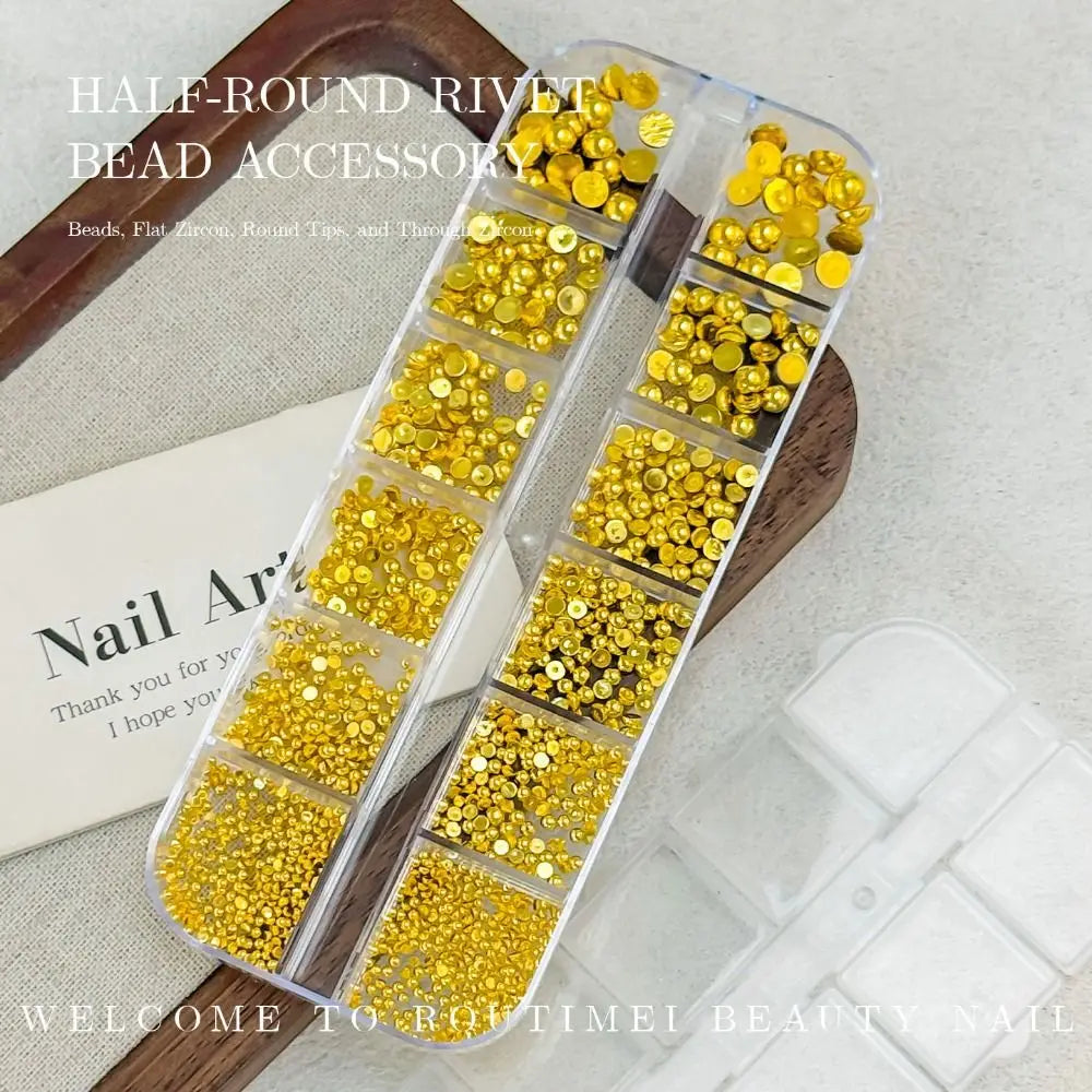 Gold Silver 3D Half Round Pearls Nail Charms Mixed-sizes Caviar Beads Zpaxo