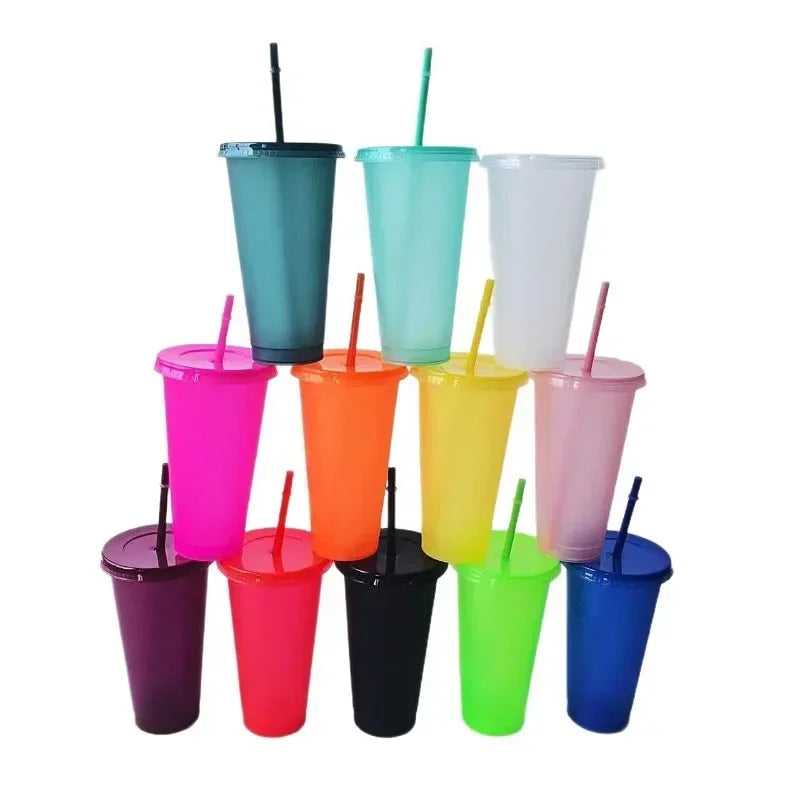 5pcs 710ml Assorted Solid Color Reusable 24oz Plastic Cold Cup Coloured Cup Colored Straw Cup Glasses with Straw and Lid liyi Zpaxo