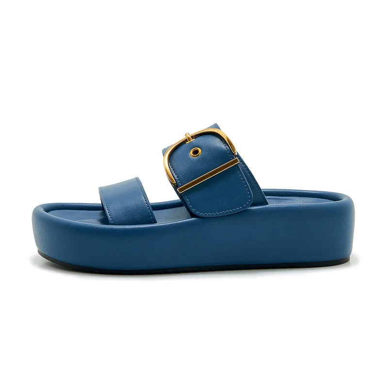 Womens Chic Platform Slide Sandals Luxe Gold Buckle Detail Double Zpaxo SH6150-1 Blue 35 China Mainland