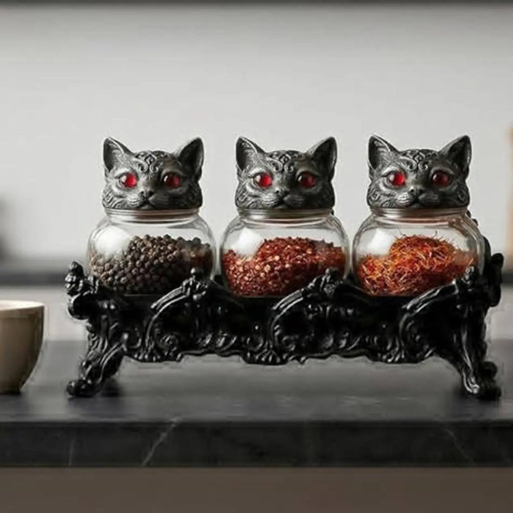 Glass Jar 3 Piece Cat Head Airtight Gothic Tea Containers seasoning Jars with Lids for Salt Pepper Tea Leaves Kitchen Dining Zpaxo