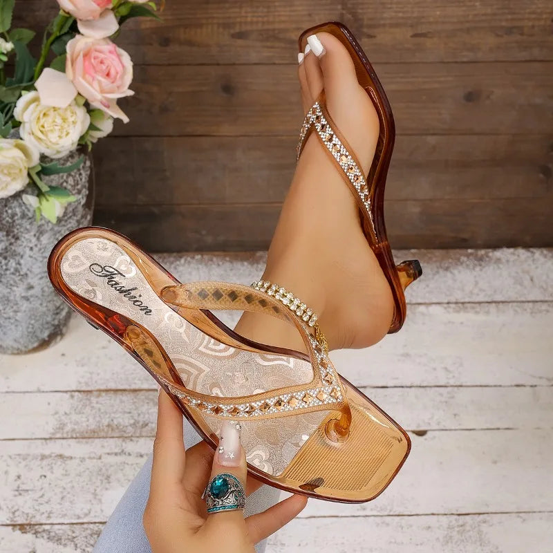 Women's Square Clip-toe Rhinestone Embellishment Comfortable Mid Heel Zpaxo Gold 38
