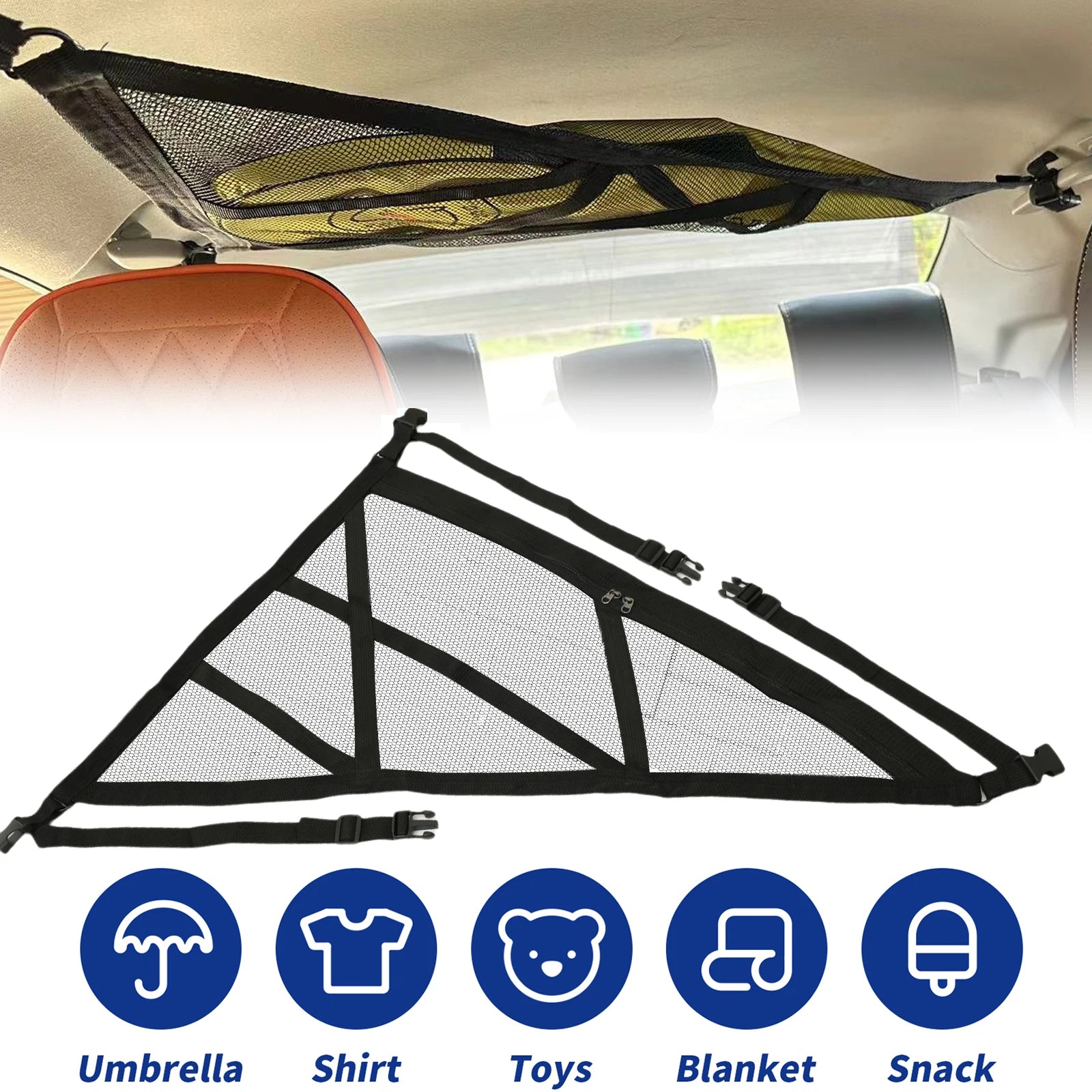Triangular Ceiling Storage Net Double-Layer Mesh Net Anti-Fall SUV Roof Organizer Adjustable Car Interior Cargo Storage Bag 2024 Zpaxo