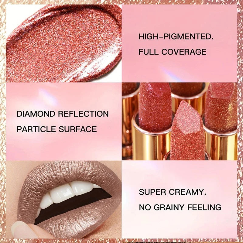 12 Colors Diamond Pearlescent Lipstick Glitter Shiny Metallic Lipstick Long Lasting Lip Tint Non-stick Cup Red Sexy Lips Makeup Zpaxo