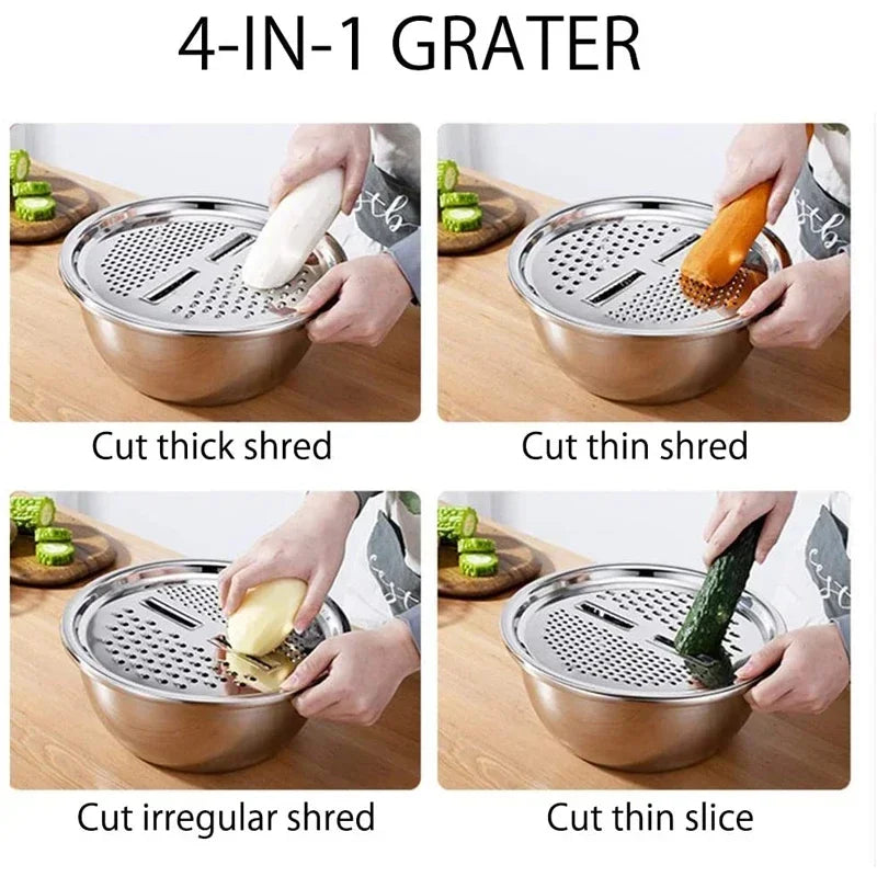 3 in 1 Vegetable Slicer Cutter Graters Drain Basket Stainless Steel Vegetable Salad Maker Bowl Kitchen Accessories Gadget Zpaxo