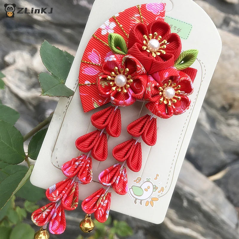 ▶Japanese Kimono Fabric Flower Folding Fan Children Hair Accessories Clip Tassel Headwear Headdress Barrette Zpaxo
