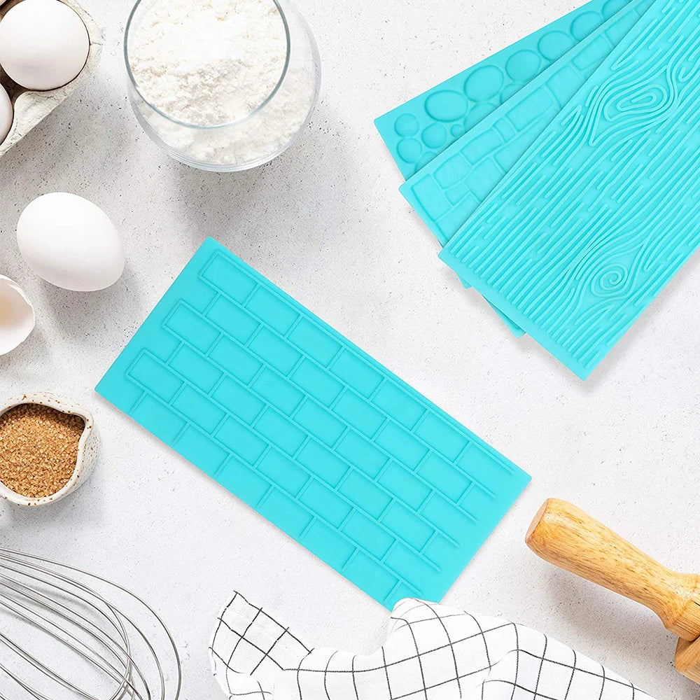 4Pcs Plastic Embossing Fondant Molds Set Icing Chocolate Cake Decorating Mould Brick Wood Cobble Pebble Stone Designs Baking Zpaxo