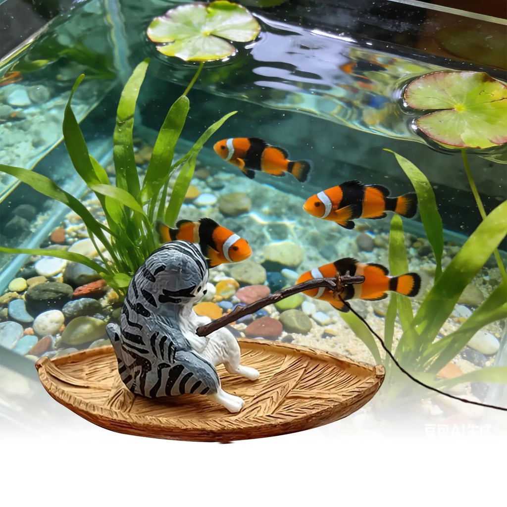 Cute Kitten Fishing Aquarium Ornament Floating Hanging Cat Fish Tank