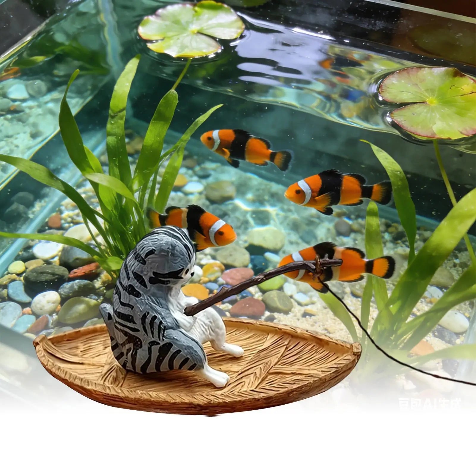 Cute Kitten Fishing Aquarium Ornament Floating Hanging Cat Fish Tank