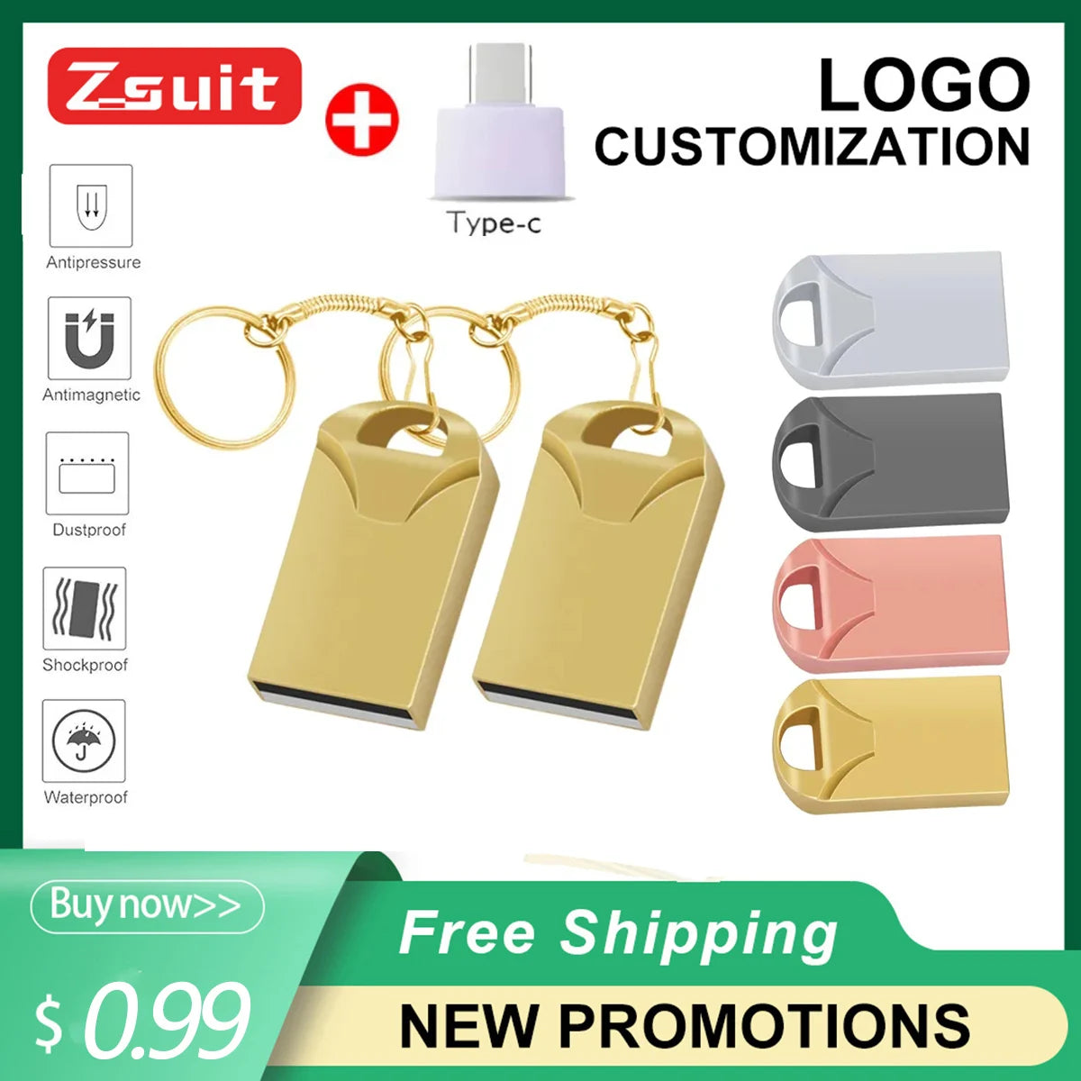 Zsuit Waterproof Metal USB Flash Drive 32gb 64gb 128gb Flash Disk Pendrive флешка Usb Memory Stick USB 2.0 Free Logo Gift U-disk Zpaxo