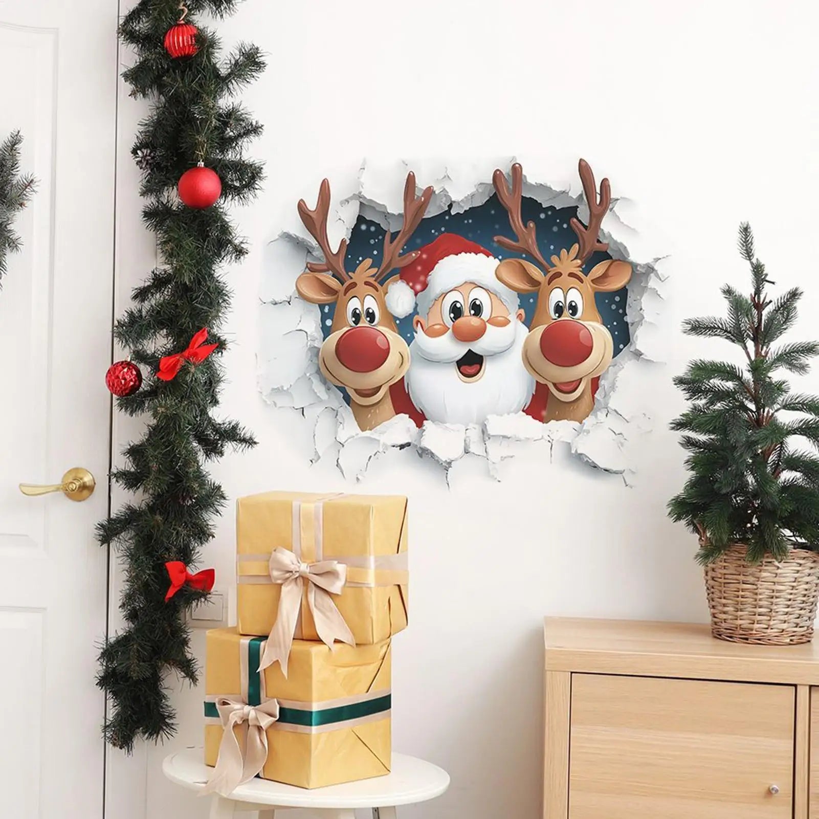 3D Effect Wall Decal Sticker Removable Breaking Santa Claus Reindeer