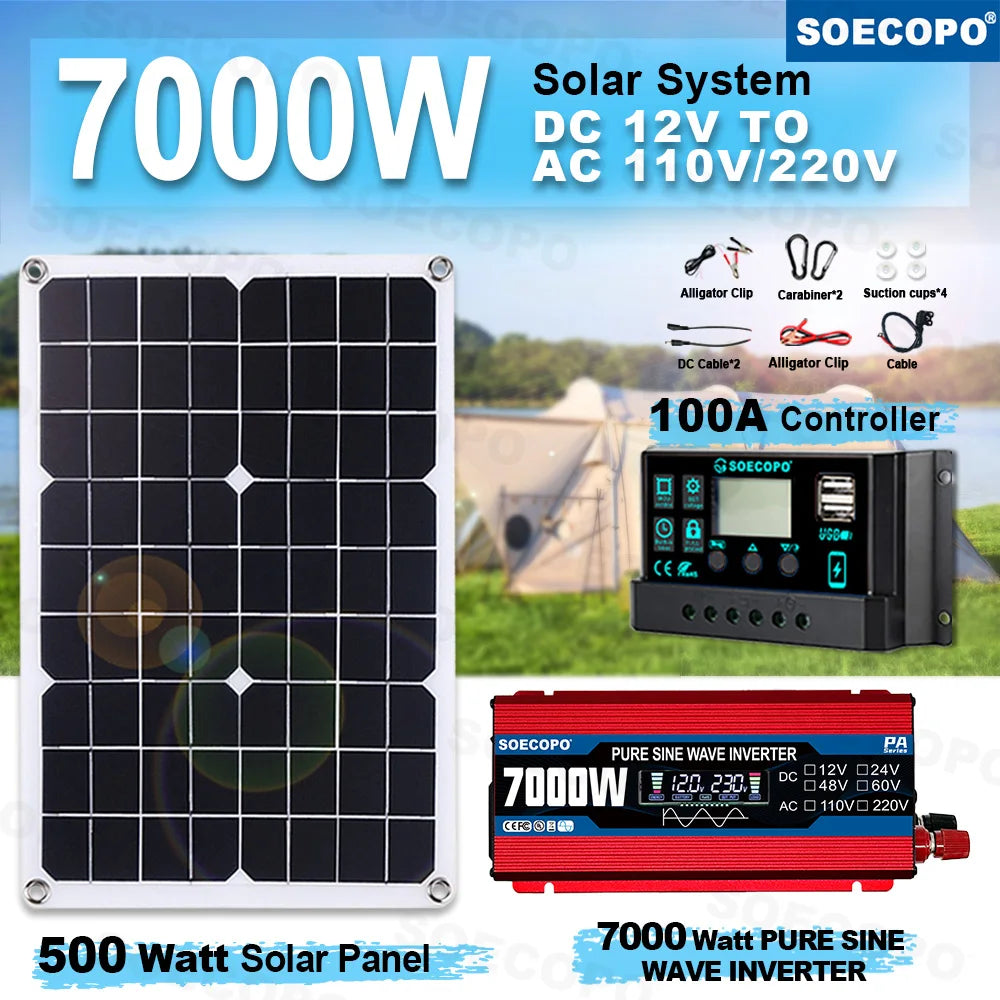 SOECOPO 7000W Portable Solar System Kit 500W Panel Pure Sine Wave Inverter 12V To 110V/220V 100A Controller for Camping Home Zpaxo