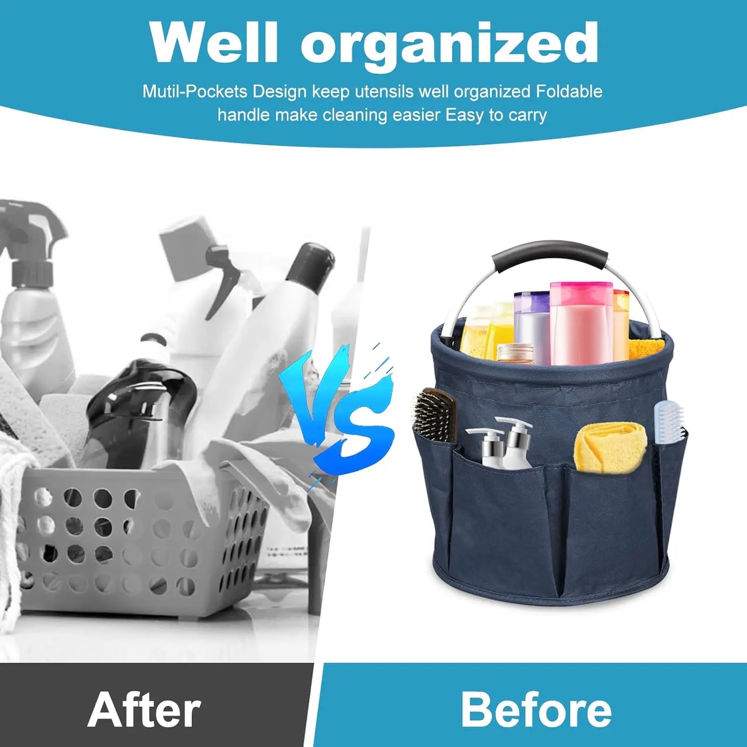 Portable Cleaning Caddy 17L Foldable Cleaning Bucket with Handle Organizer Bag for Towels Cleaning Tools Bathroom Kitchen Home Zpaxo