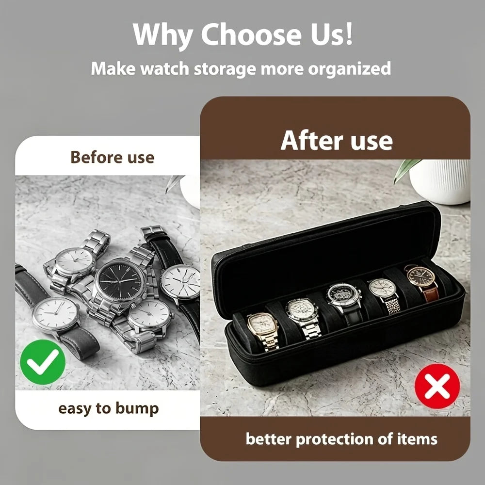 5-Watch Travel Case Luxurious Velvet Lining Foam Insert Safely Stores