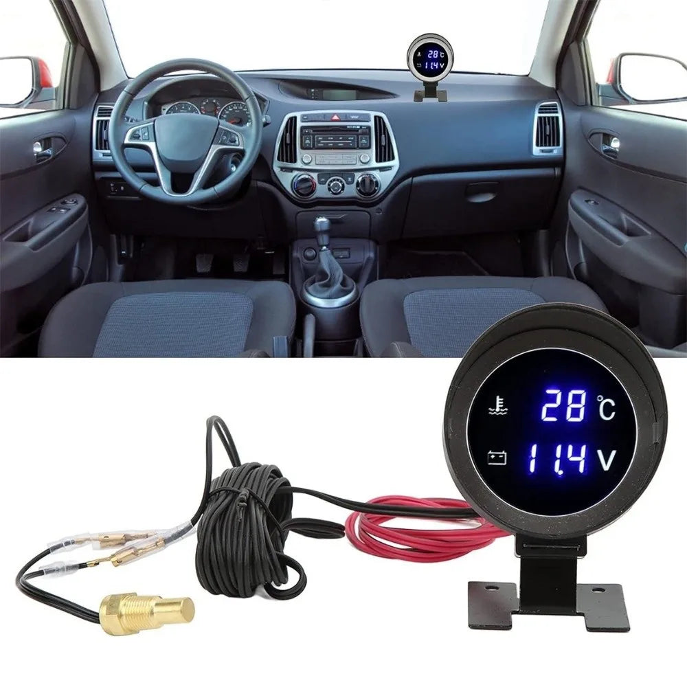 Digital Display 2in1 Temp Voltage Meter Blue Light DC 9V-36V Water Temperature Meter Round LCD LED Digital Temp Meter Car Zpaxo