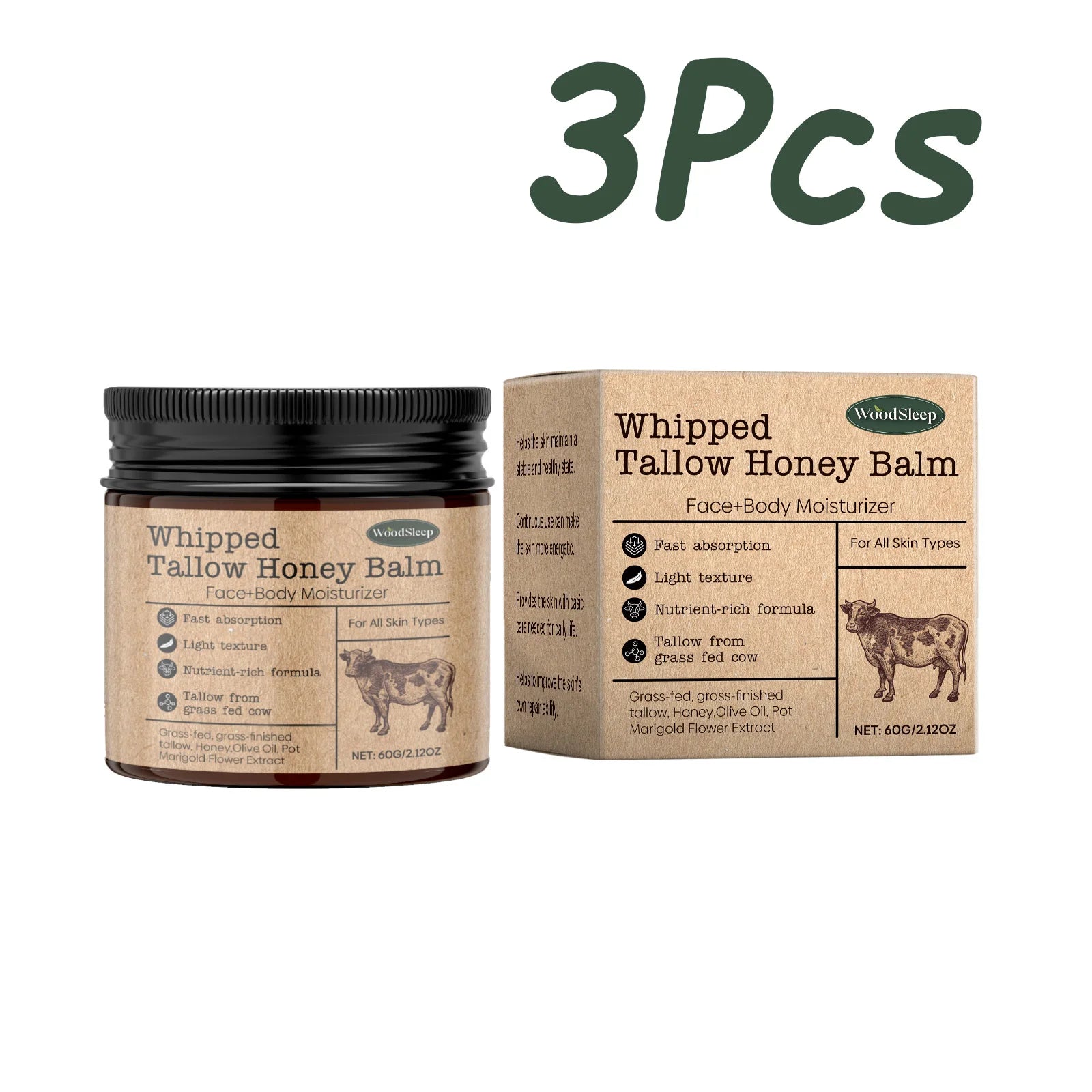 Whipped Beef Tallow Honey Balm Face & Body Moisturizer 60g Tallow Face Cream Zpaxo 180g Boxed