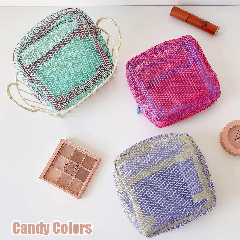 Vibrant Dopamine Mesh Makeup Organizer Bag Large Capacity Travel