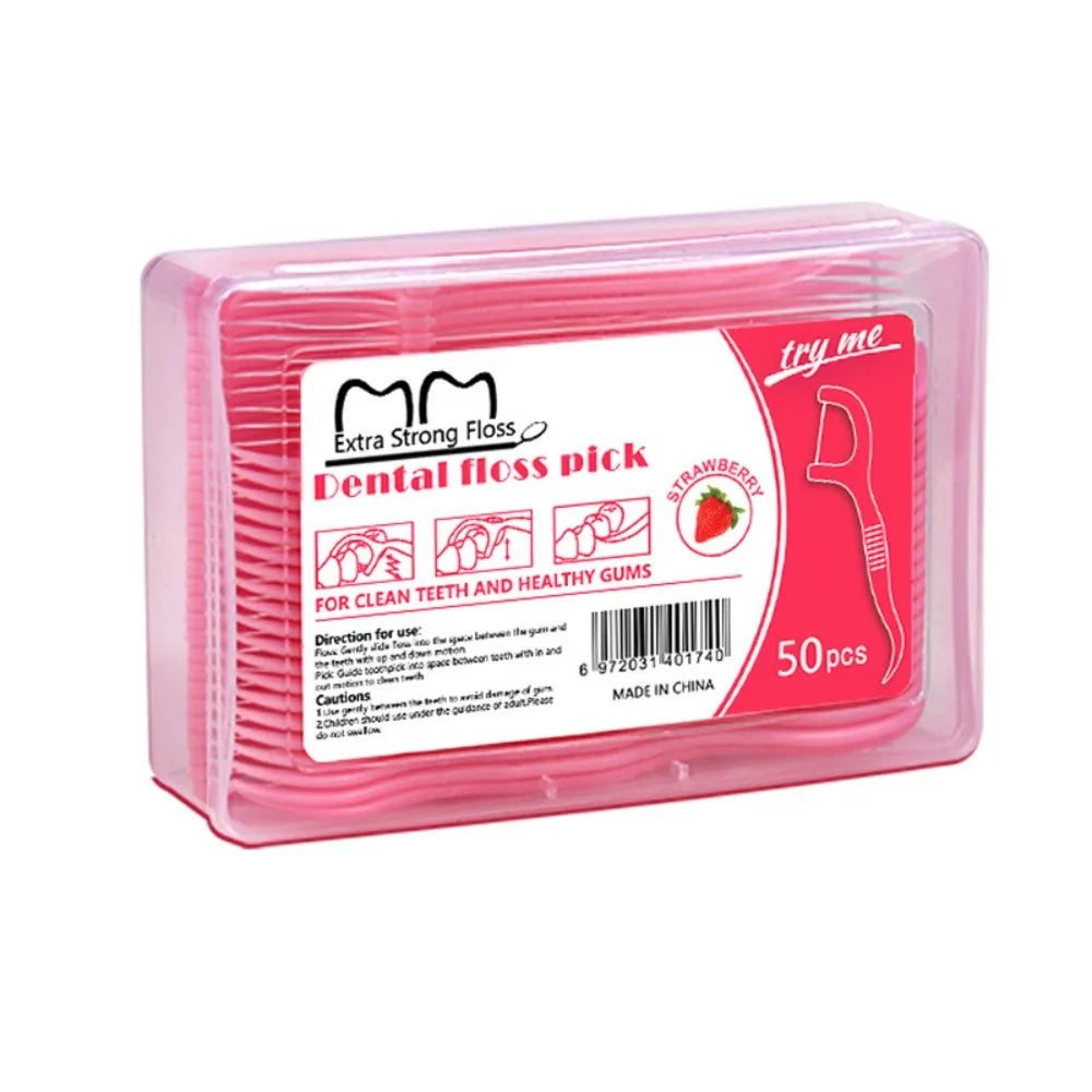 50 Sticks Box Dental Floss Stick 4 Flavors Disposable Fruit Flavored Zpaxo Strawberry Flavor