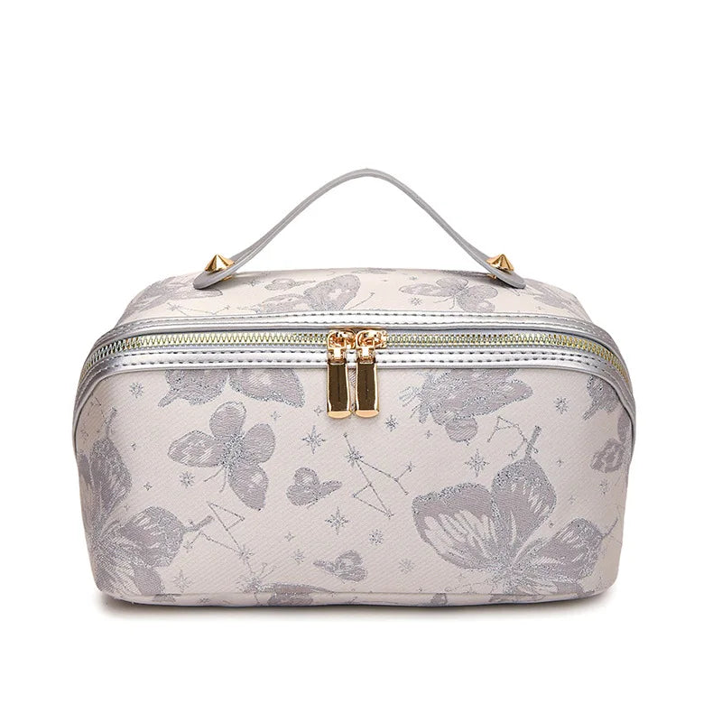 Chinese Style Embroidered Makeup Bag for Women, New Ins Large Capacity Commuting Storage Bag, Home High-end Handheld Wash Bag Zpaxo silvery