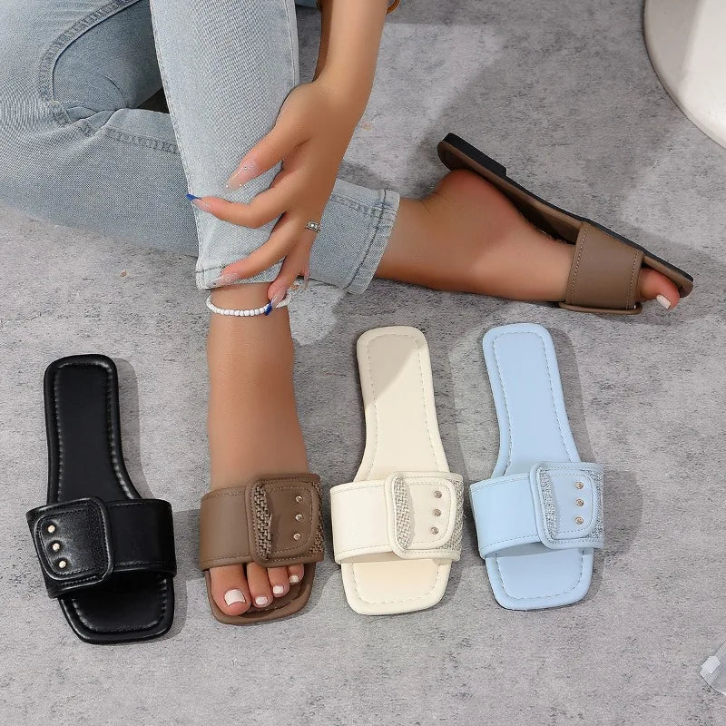 2026 Women's Slides Personality Buckle Open Toe Wear-resistant Office