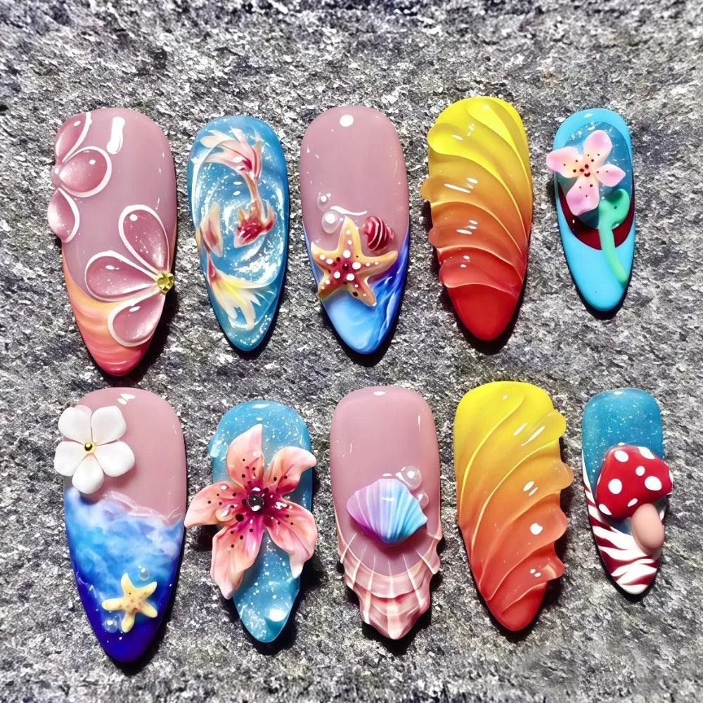 Sweet Ocean Theme Press-on Nails Almond-shaped 3D Flower Gel Fake Zpaxo S