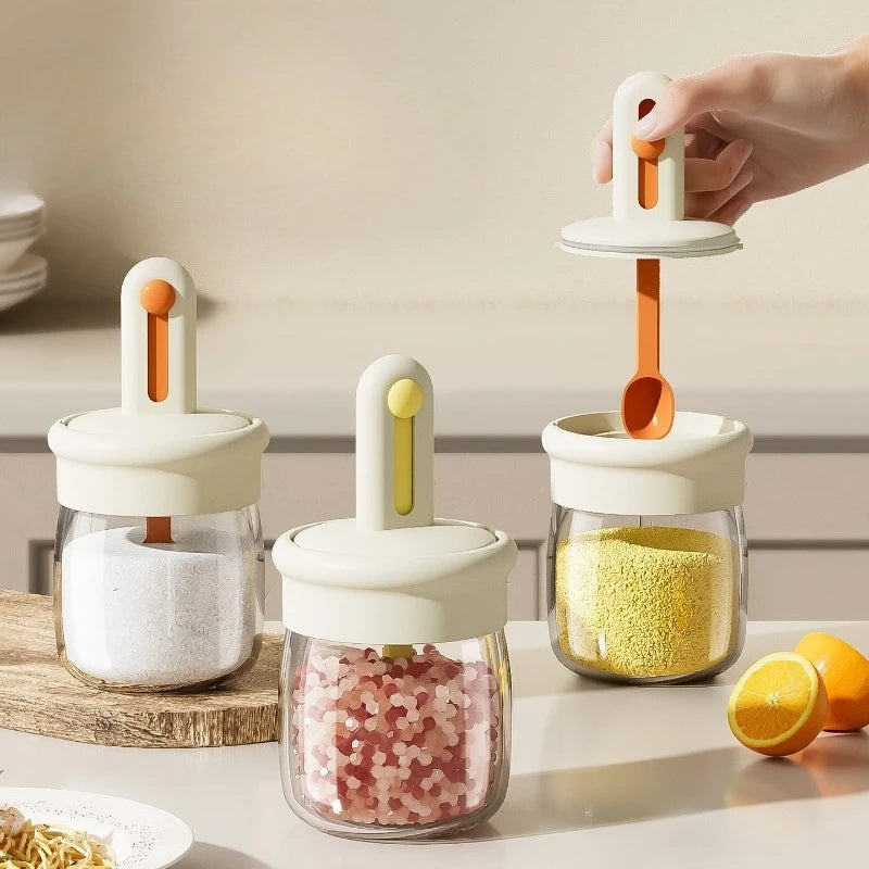 Glass Seasoning Jar with Retractable Spoon Lid | Sealed Salt Box Seasoning Jar Zpaxo