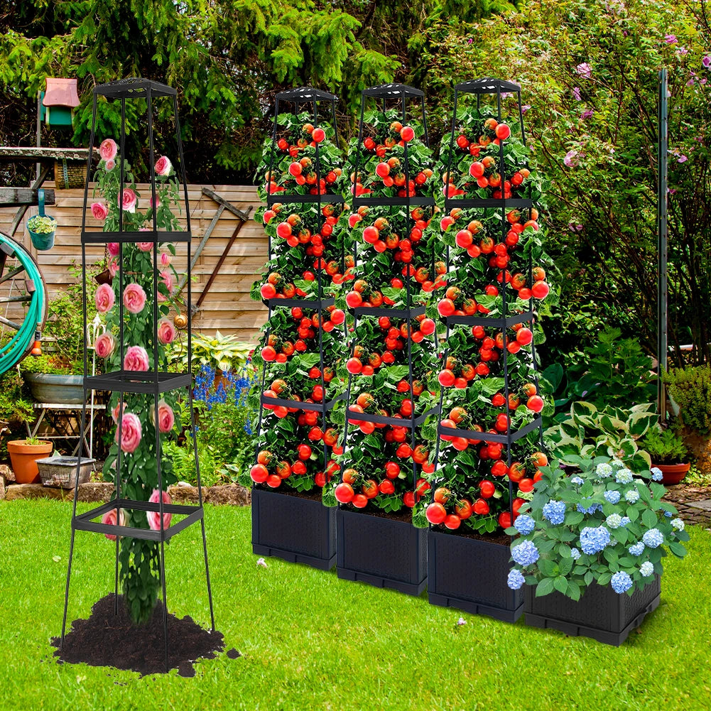 4 Tier Planter Tower Trapezoidal Trellis Tomato Cage Garden Box