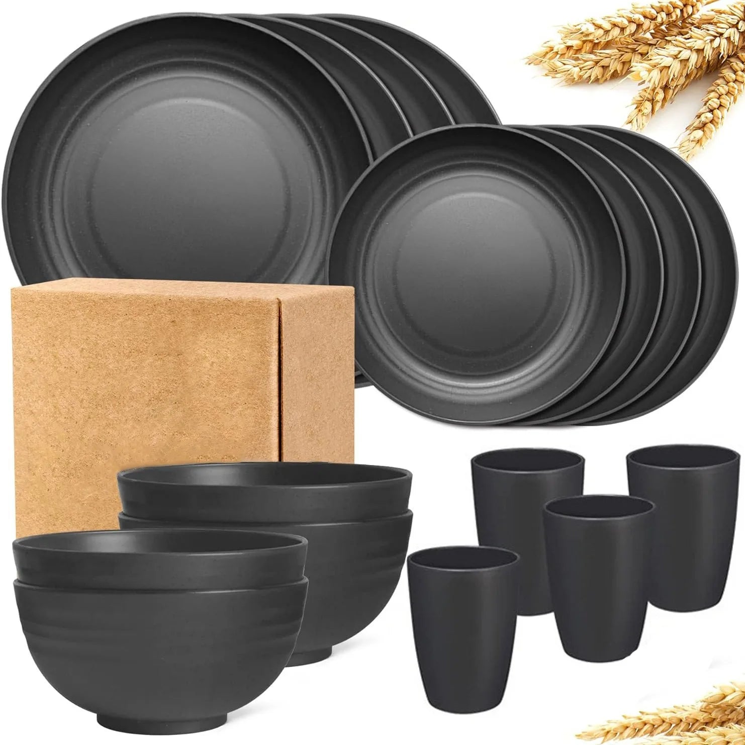 New 16 Pieces/set of Non Fragile Meal Plates, Wheat Straw Dishes, Tableware Set, Microwave Dishwasher, Safe, Reusable Tableware Zpaxo black